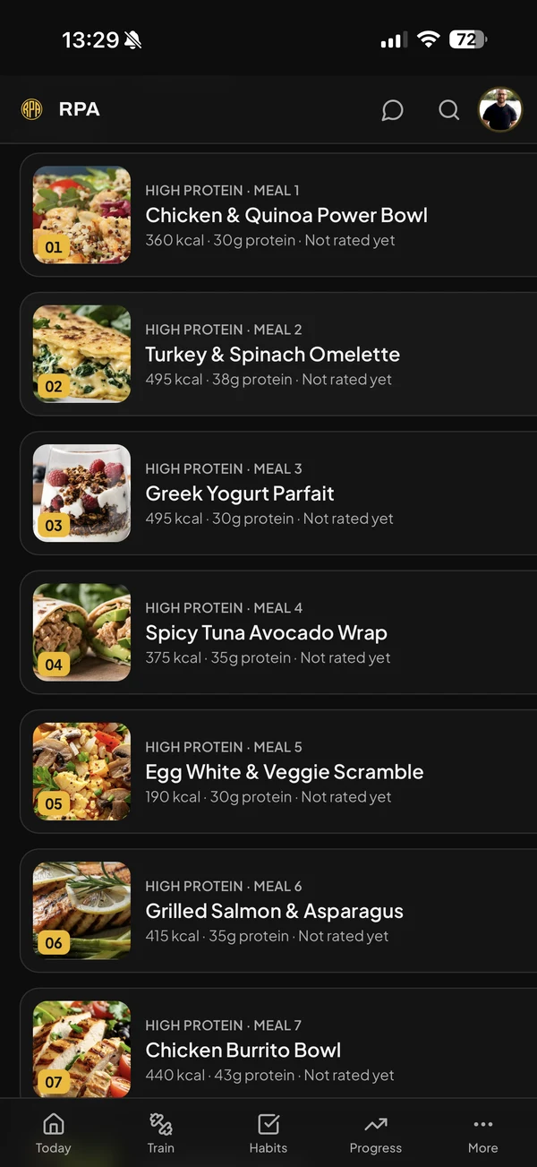 RPA app meals screen showing recipes and nutrition macros